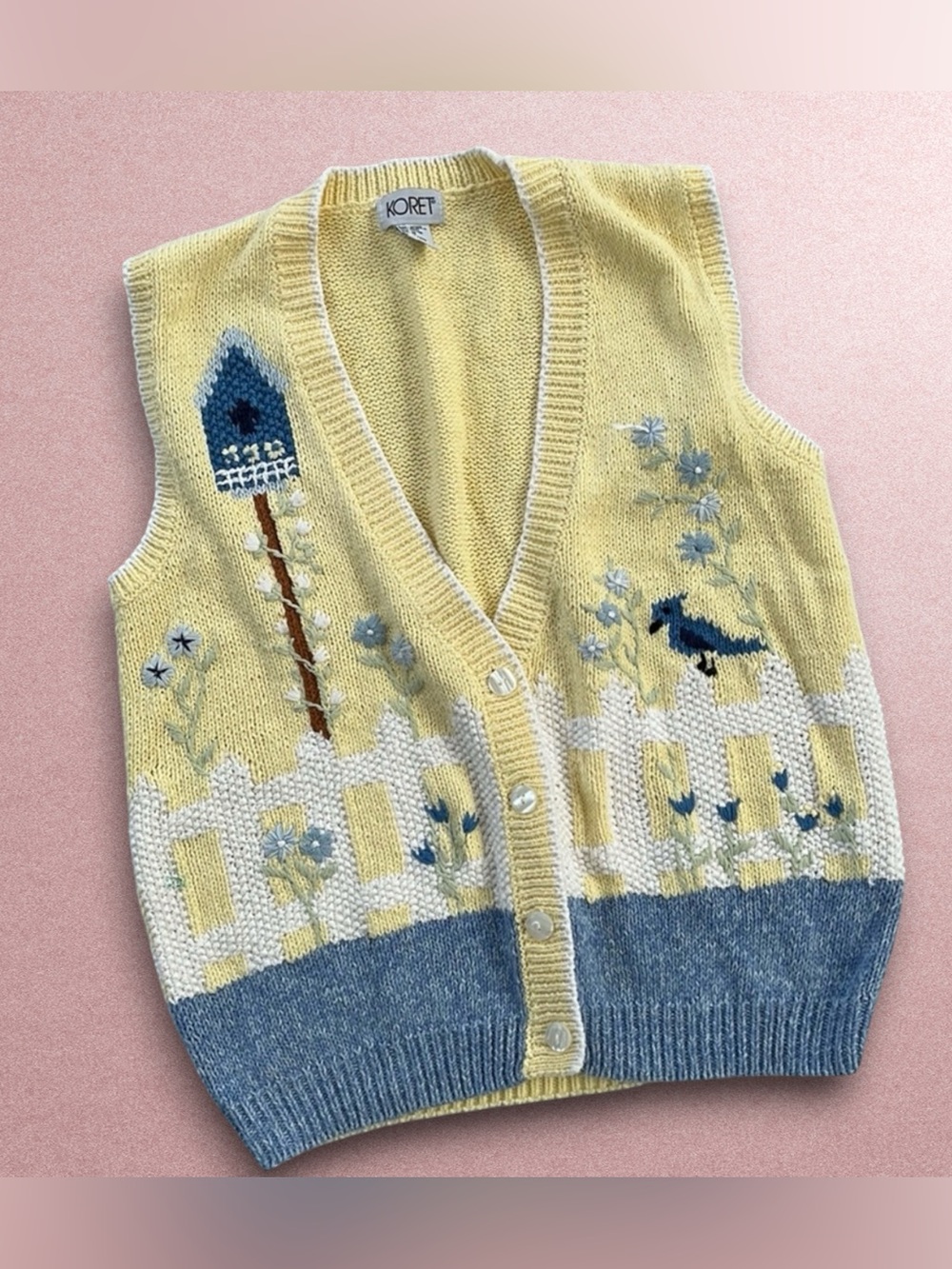 VTG Koret Sweater Vest Birds in a Nest Embroidered Granny